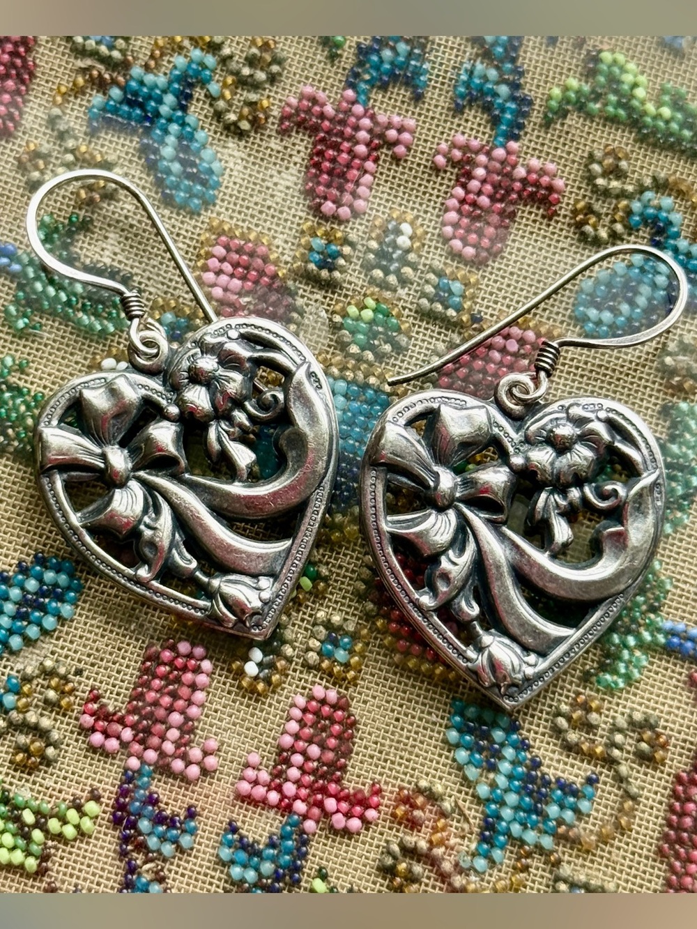 Vintage Sterling Silver Openwork Heart Earrings; Art Nouveau Dangle Drops